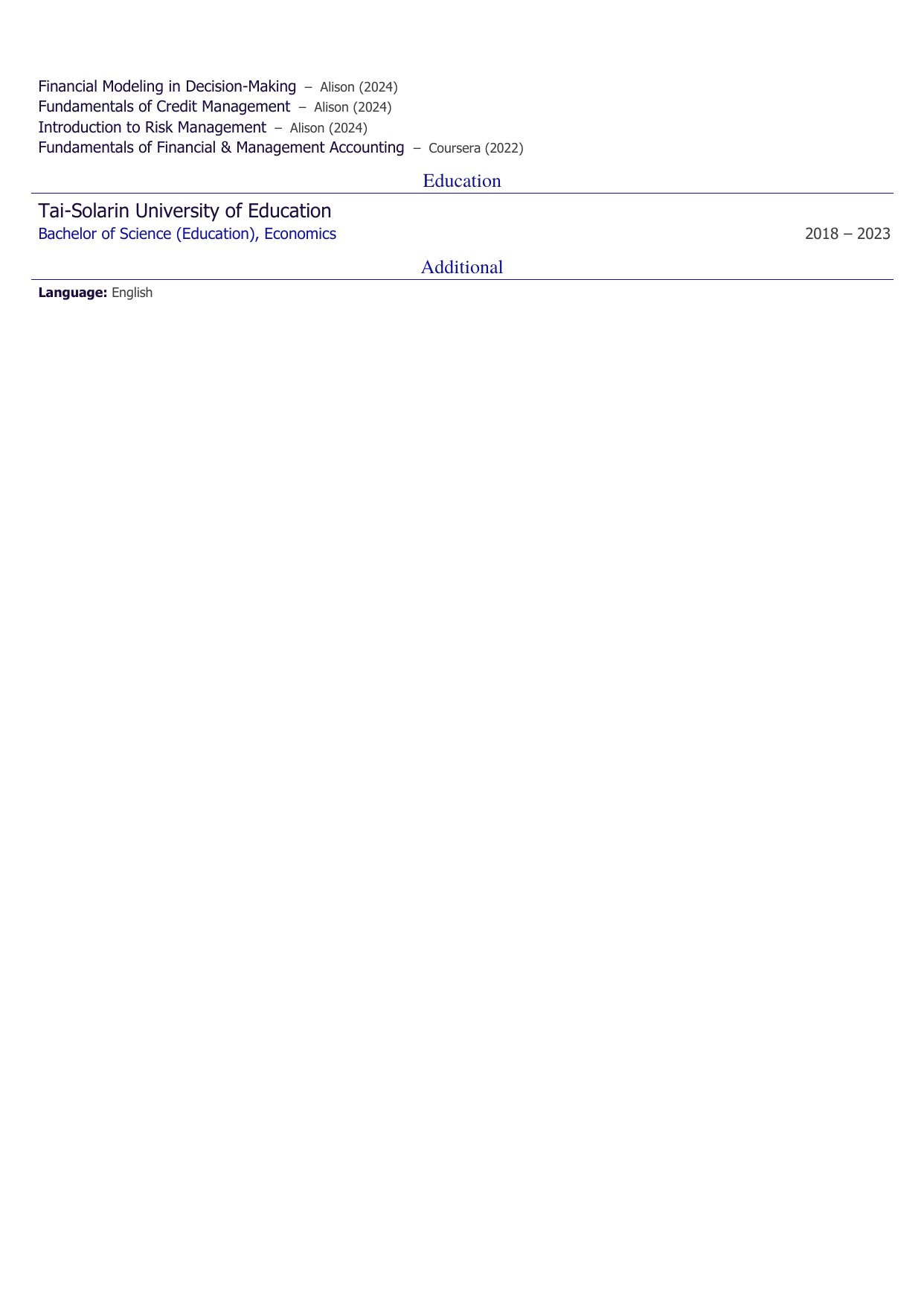 CV page 2: certifications and education