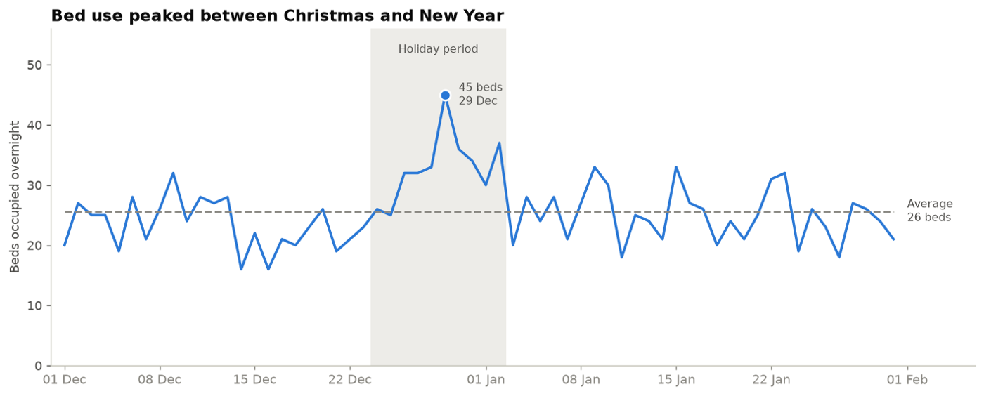 Line chart of overnight beds occupied, peaking at 45 beds on 29 December during the holiday period