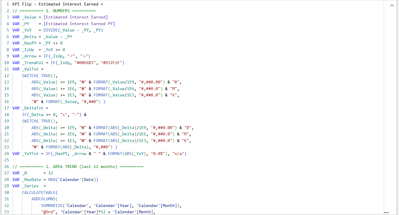 DAX measure that builds an HTML KPI card with value, prior year comparison and trend